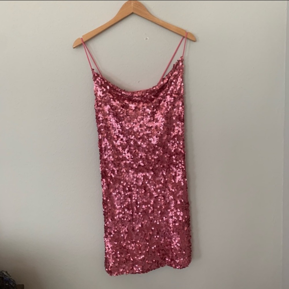 leyden/macys pink sequin spaghetti strap dress